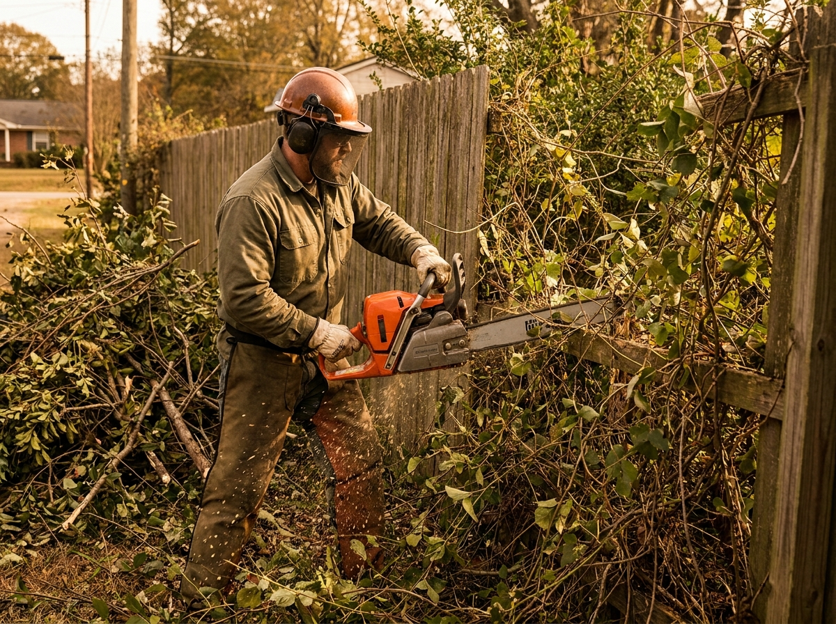 Worker cutting back overgrown brush along a fence line