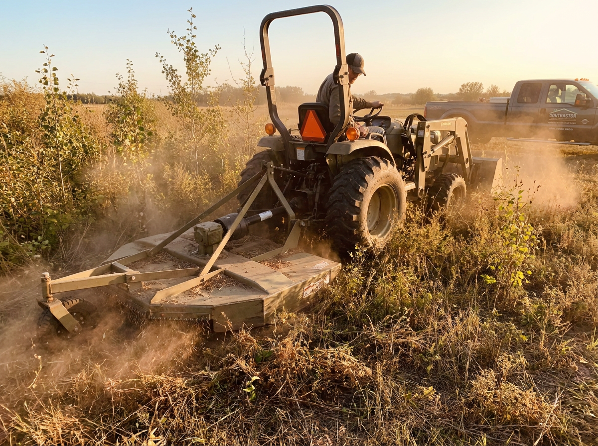 Brush hog mowing tall weeds on a rural property